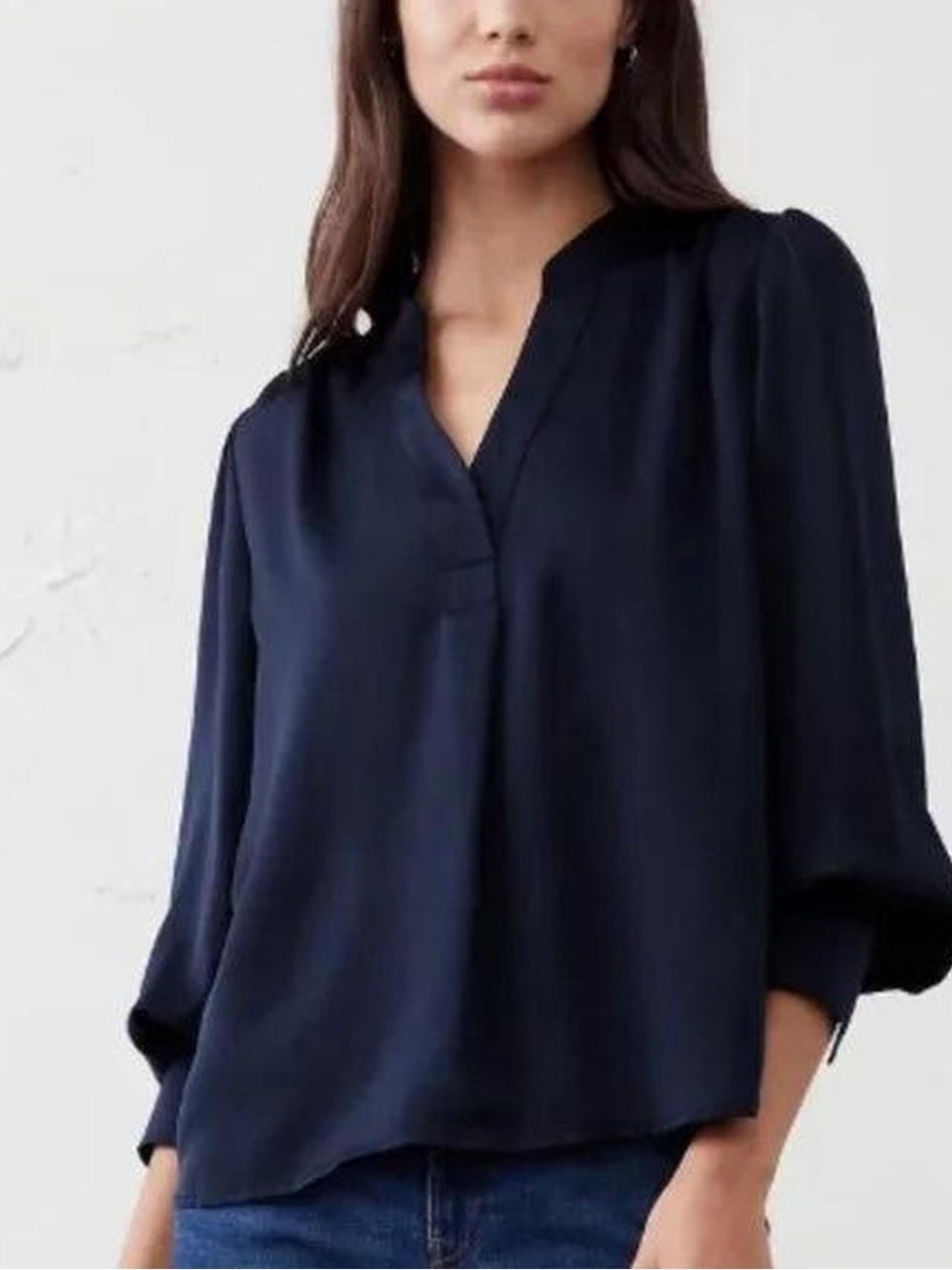 BR S Midnight Blue Satin Split Neck French Cuff Long Sleeve Popover Blouse